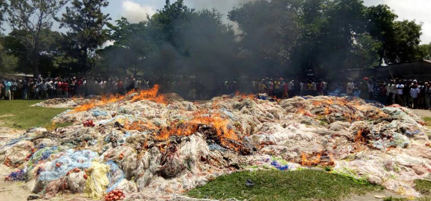 Confiscated nets are burned at Lake Victoria